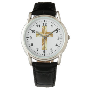 Gold Cross-Protector Black Leather Watch (Mannen) Horloge