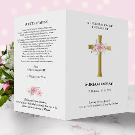 Gold cross, roze bouquet-herdenkingsprogramma flyer