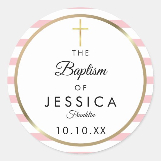 Gold Cross-Roze Stripe Baptisme Christening Ronde Sticker (Voorkant)