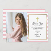 Gold Cross Roze Stripe First Heilige CommunFoto Bedankkaart (Voorkant / Achterkant)