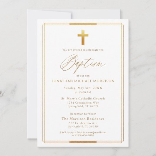 Gold Cross Script Typografie Chic Elegant Doopsel Kaart (Voorkant)