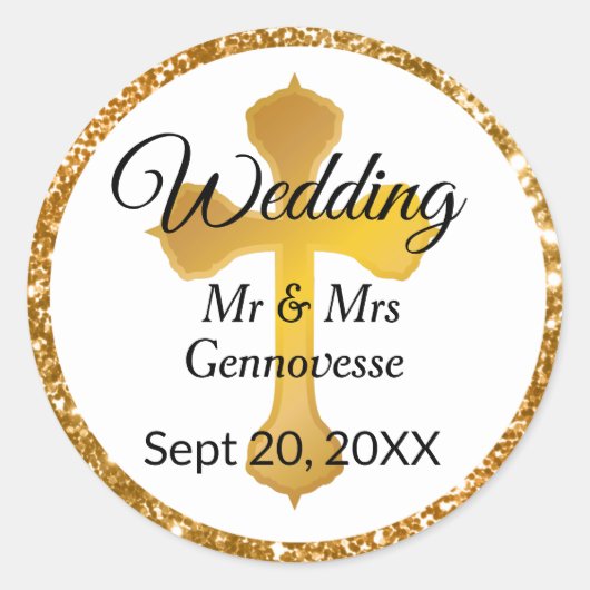 Gold Cross Wedding Favor Stickers Glitter (Voorkant)