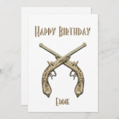Gold Crossed Pistols Blue Birthday Party Invitat Kaart (Voorkant / Achterkant)