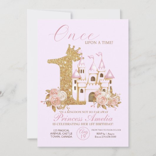 Gold Crown Castle Princess 1e verjaardag Invi Kaart (Voorkant)