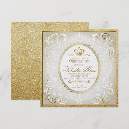 Gold Crown, Elégant, Quinceanera Invitation (Devant / Derrière)