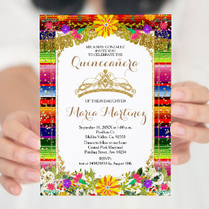 Gold Crown Mexico Floral Quinceañera Kaart