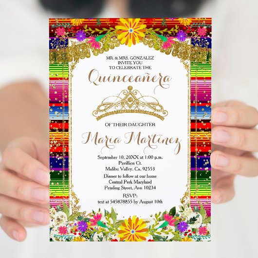 Gold Crown Mexique Floral Quinceañera Invitation
