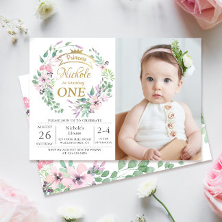 Gold Crown Princess Floral Girl 1e verjaardag Foto Kaart