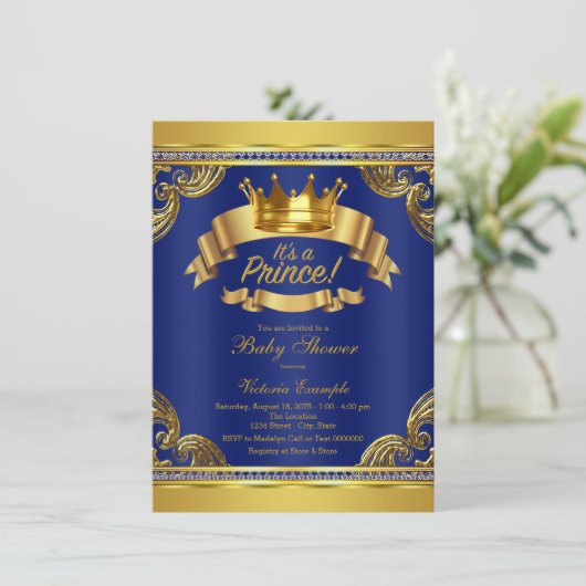 Gold Crown Royal Blue Prince Baby shower Kaart (Staand voorkant)