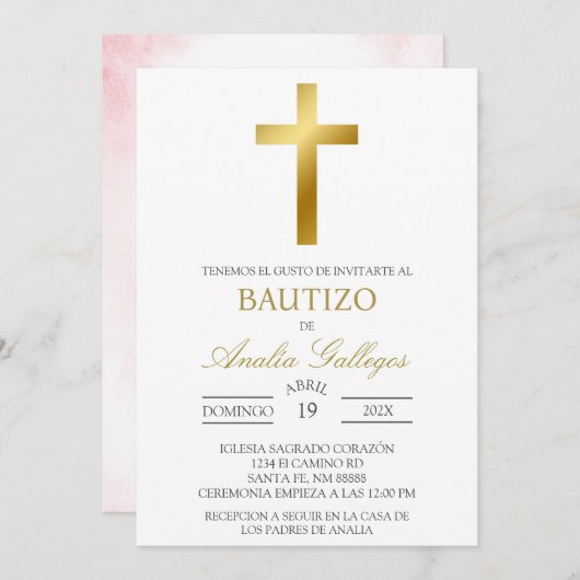 Gold Crucifix Baptême espagnol Invitation (Devant / Derrière)