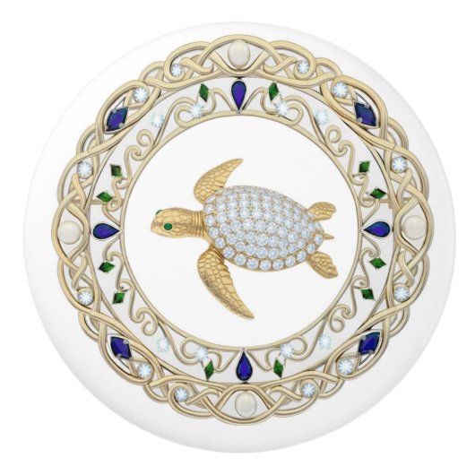 Gold Crystal Sea Turtle 2Dgraphic Diamond Ocean Keramische Knop (Voorkant)
