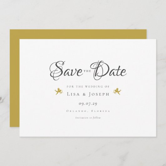 Gold Cupids Elegant Script Save The Date (Voorkant / Achterkant)