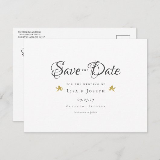 Gold Cupids Elegant Script Save the Date Briefkaart (Voorkant / Achterkant)