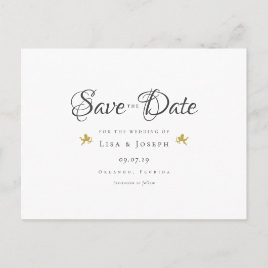 Gold Cupids Elegant Script Save the Date Briefkaart (Voorkant)