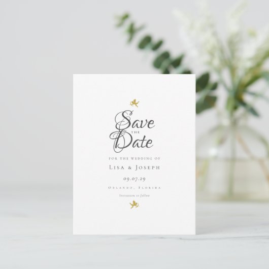 Gold Cupids Elegant Script Save the Date Briefkaart (Staand voorkant)