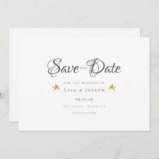 Gold Cupids Elegant Script Save the Date Kaart (Voorkant / Achterkant)