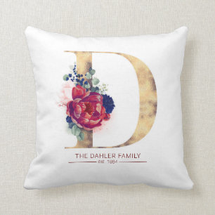 Gold D Monogram Floral Burgundy Red en Navy Blue Kussen