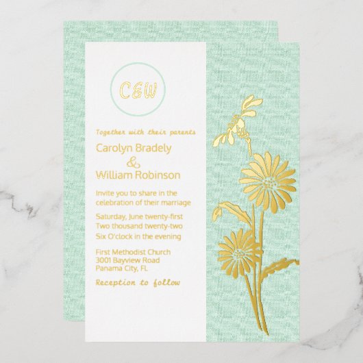Gold Daisies Monogrammed Wedding Folie Invitation Folie Uitnodiging (Voorkant / Achterkant)
