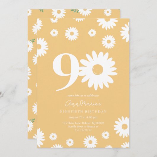 Gold Daisy 90th Birthday Invitation (Devant / Derrière)