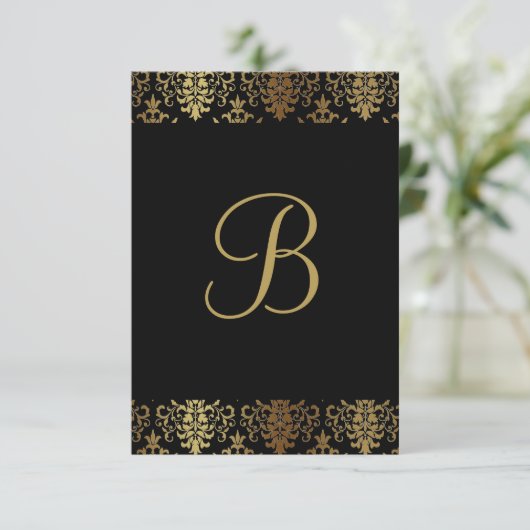 Gold Damask Black Monogram Elegant Chic Bedankkaart (Staand voorkant)