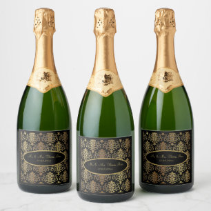 Gold Damask Black Script Weduwend Elegant Sparkling Wijnetiket