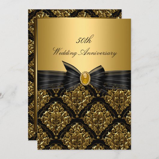 Gold Damask & Bow 50e Mariage Invitation de l'anni (Devant / Derrière)
