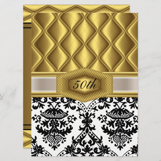 Gold Damask classique Invitation anniversaire (Devant / Derrière)