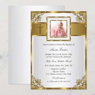 Gold Damask & Cross Photo Baptism/Christening Kaart