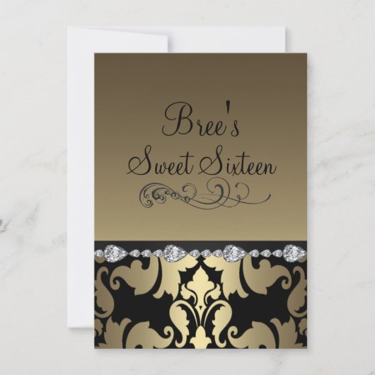 Gold Damask & Diamond Afbeelding Sweet 16 Uitnodig Kaart (Voorkant)