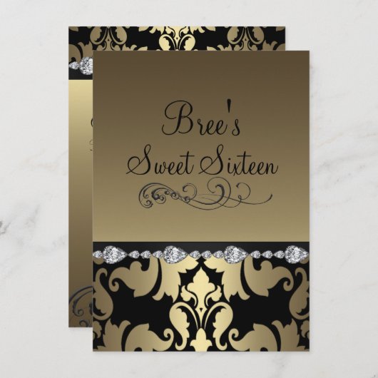 Gold Damask & Diamond Image Sweet 16 Invitation (Devant / Derrière)