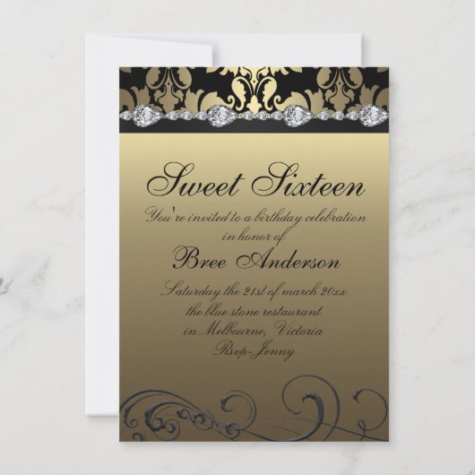 Gold Damask & Diamond Image Sweet 16 Invitation (Dos)