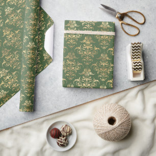 Gold Damask Elegante Groene Vakantie Cadeaupapier
