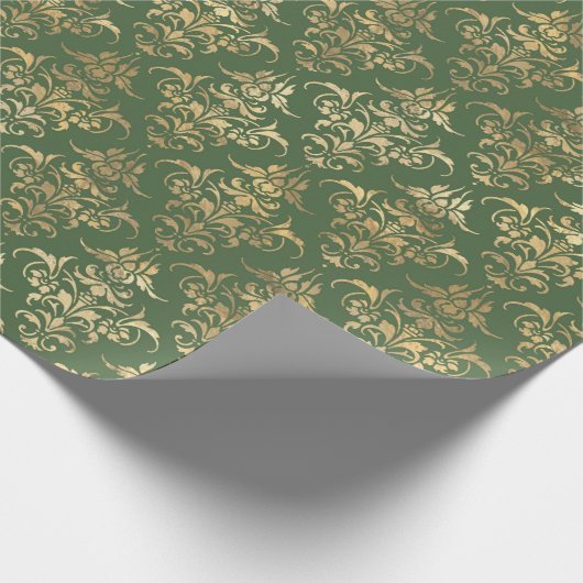Gold Damask Elegante Groene Vakantie Cadeaupapier (Hoek)