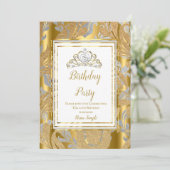 Gold Damask Gray Tiara Birthday Party Kaart (Staand voorkant)