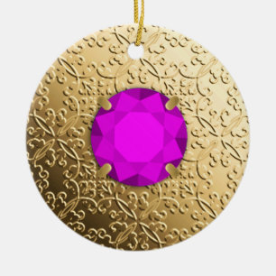 Gold Damask met een faux amethyst gemstone Keramisch Ornament