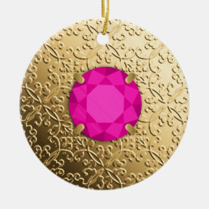 Gold Damask met een faux roze tourmaline gem Keramisch Ornament