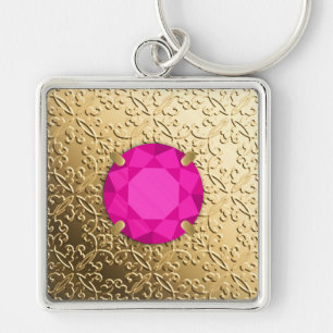 Gold Damask met een faux roze tourmaline gem Sleutelhanger