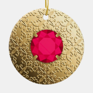 Gold Damask met een faux ruby gemstone Keramisch Ornament