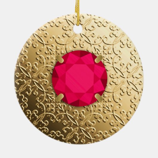 Gold Damask met een faux ruby gemstone Keramisch Ornament (Achterkant)