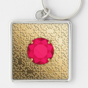 Gold Damask met een faux ruby gemstone Sleutelhanger