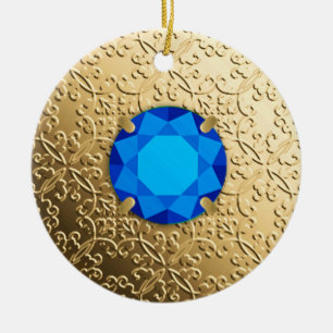 Gold Damask met een faux sapphire gemstone Keramisch Ornament