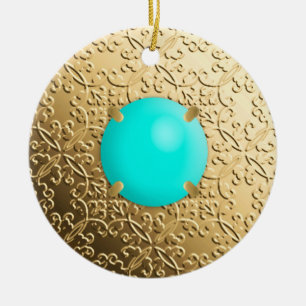 Gold Damask met een faux turquoise gemstone Keramisch Ornament