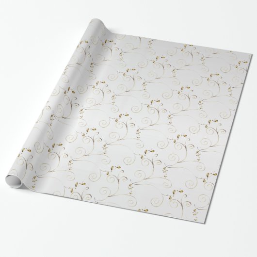 Gold Damask op White Faux Satin | Weddenschap Cadeaupapier (Uitgerold)