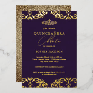 Gold Damask Paars Quinceanera 15e verjaardag Folie Uitnodiging