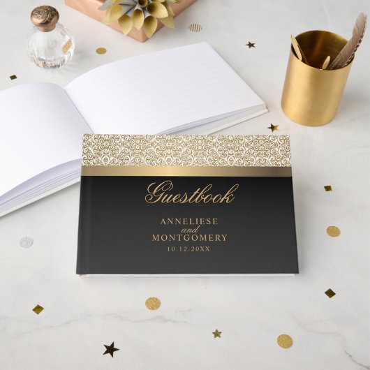 Gold Damask Pattern en Black Gastenboek (Voorkant open)