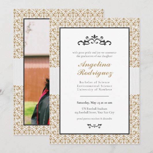 Gold Damask Pattern Foto Afstuderen Invitation Kaart (Voorkant / Achterkant)