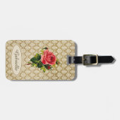  Gold Damask Pattern roze Rose en naam Bagagelabel (Voorkant horizontaal)