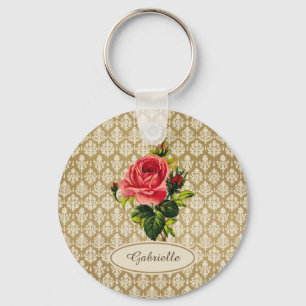Gold Damask Pattern roze Rose en naam Sleutelhanger