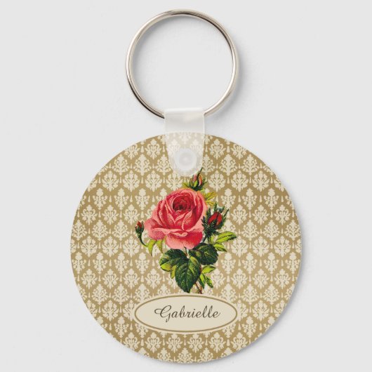  Gold Damask Pattern roze Rose en naam Sleutelhanger (Voorkant)