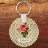  Gold Damask Pattern roze Rose en naam Sleutelhanger (Voorkant)